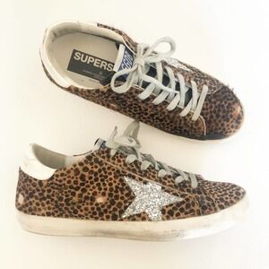 Golden Goose Superstar Leopard Print Pony Hair Glitter Star Distressed Sneakers